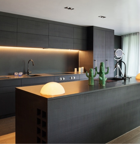 Cuisine Moderne Sombre: Design Épuré et Chic Cuisine moderne sombre avec îlot central, éclairage LED sous les armoires, robinetterie noire, et décorations cactus en céramique verte.