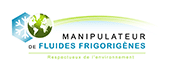 Logo pour Manipulateur de Fluides Frigorigènes : globe terrestre, flocon de neige, avec texte souligné respectueux de l'environnement.